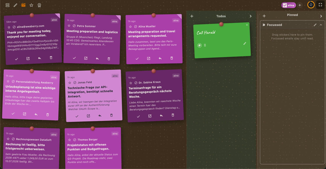 The Mailboard AI board with important emails as sticky notes
